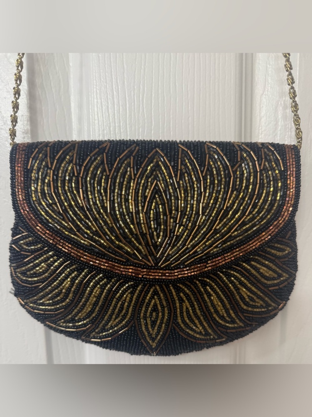 Stunning Vintage Black & Gold Beaded Bag. Use with 42” chain strap or a clutch.